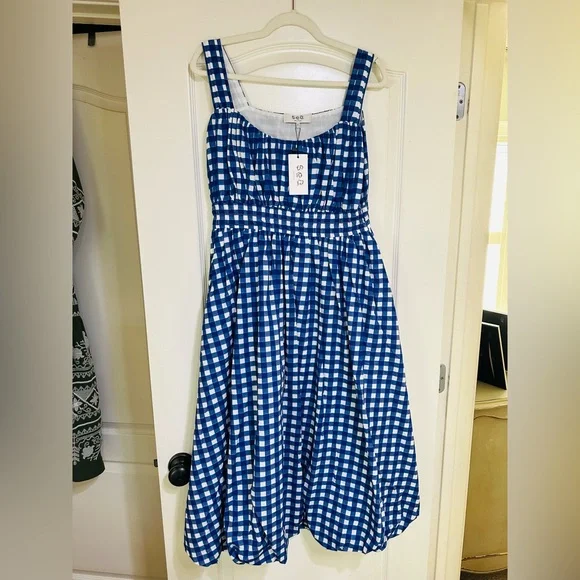 DARLING! NWT Tuckernuck Sea New York Cobalt Gingham Bubble Spring Dress Sz L - Picture 6 of 6